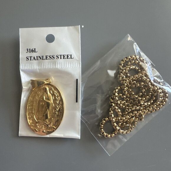 Virgin Mary Stainless Steel Pendant Jesus Christ Religious Faith 24 Inch Gold - Picture 6 of 6